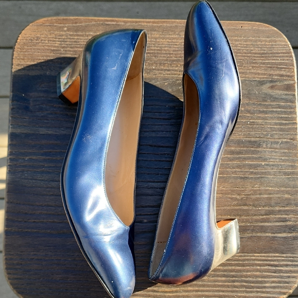 (8.5 AA) Salvatore Ferragamo Navy Blue Silver Mirrored Heels Shimmery Luxury - Picture 4 of 14